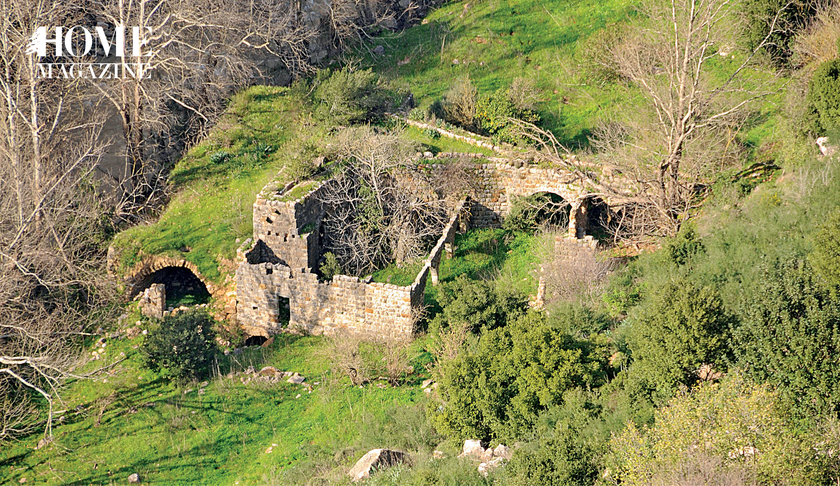 Green landscape with ruins of a rock house