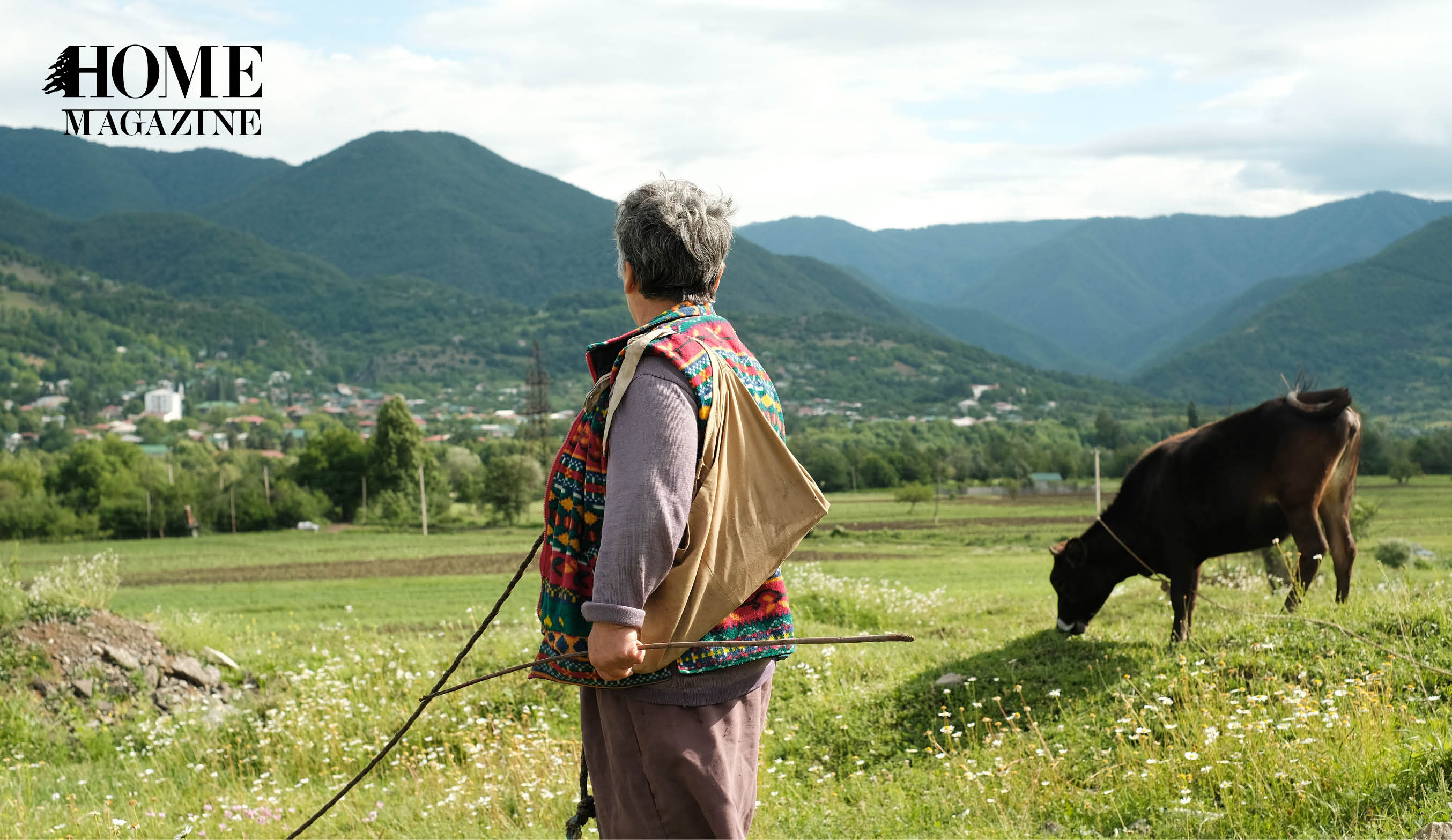 Woman standing on green landscape with a cow