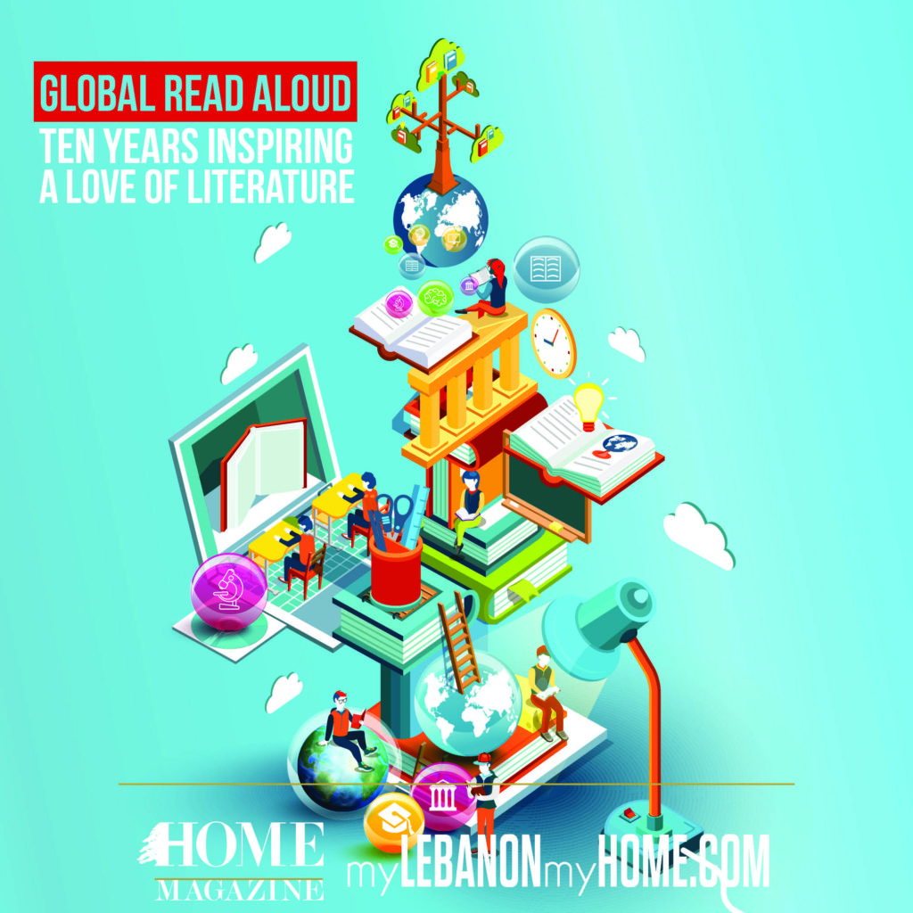 a colorful picture with a PC, books a clock a lamp all over each other