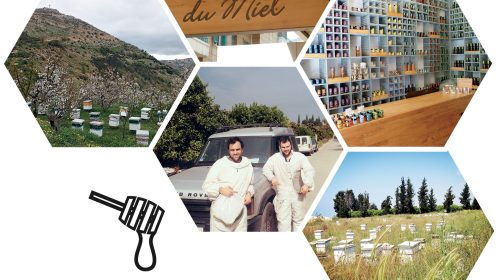 5 boces having atelier du miel, jars full of honey with 2 guys in front of a car and a garden