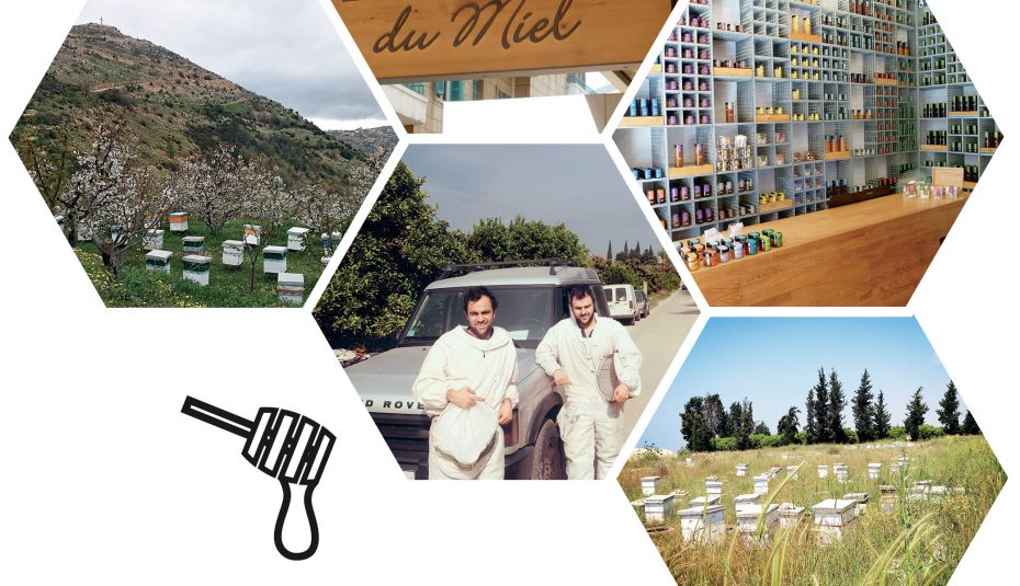 5 boces having atelier du miel, jars full of honey with 2 guys in front of a car and a garden
